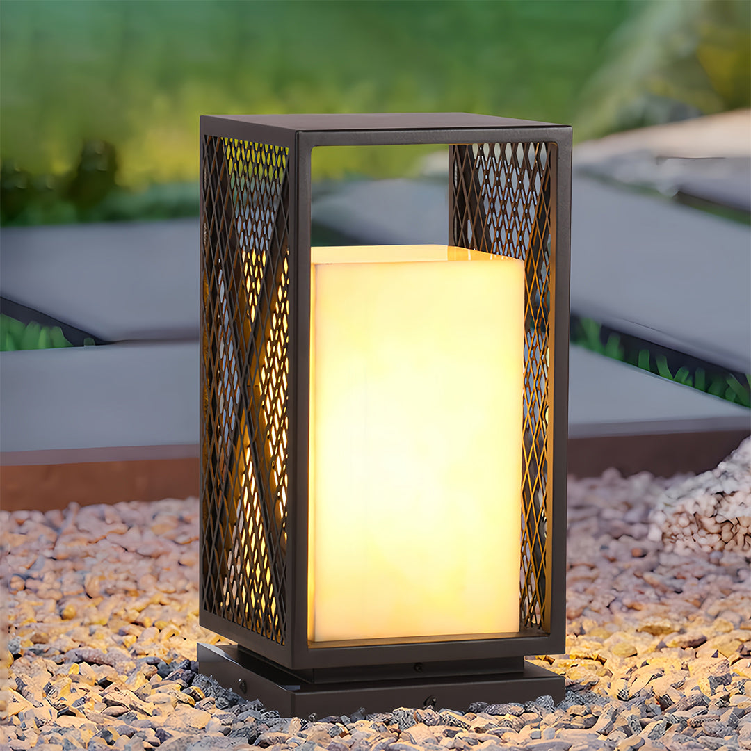 Square Outdoor Bollard Lantern — Galvanized Steel, Marble-Texture Shade, 10W LED 3000K, IP65