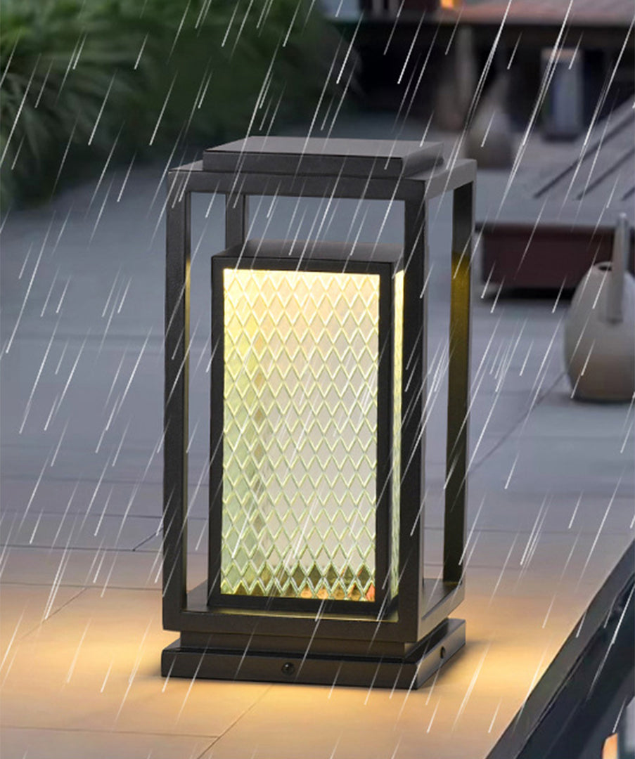 Industrial Square Glass Lantern Bollard — Black, Galvanized Steel, IP65, LED, Hardwired or Solar, 3 Sizes
