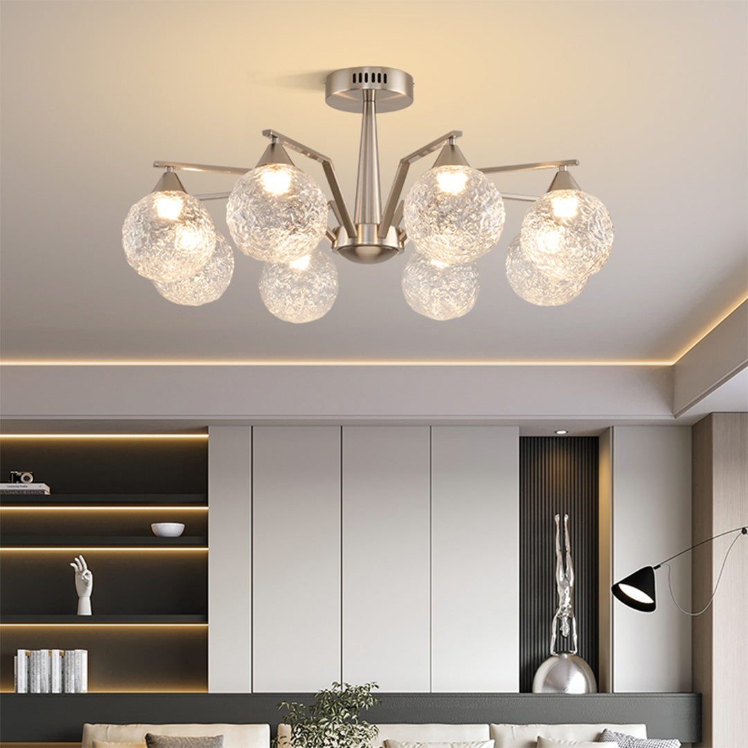 Sputnik Mid-Century Semi-Flush Mount — Sand Nickel Iron, Cognac Glass, 6- or 8-Light, Three-Color Dimming