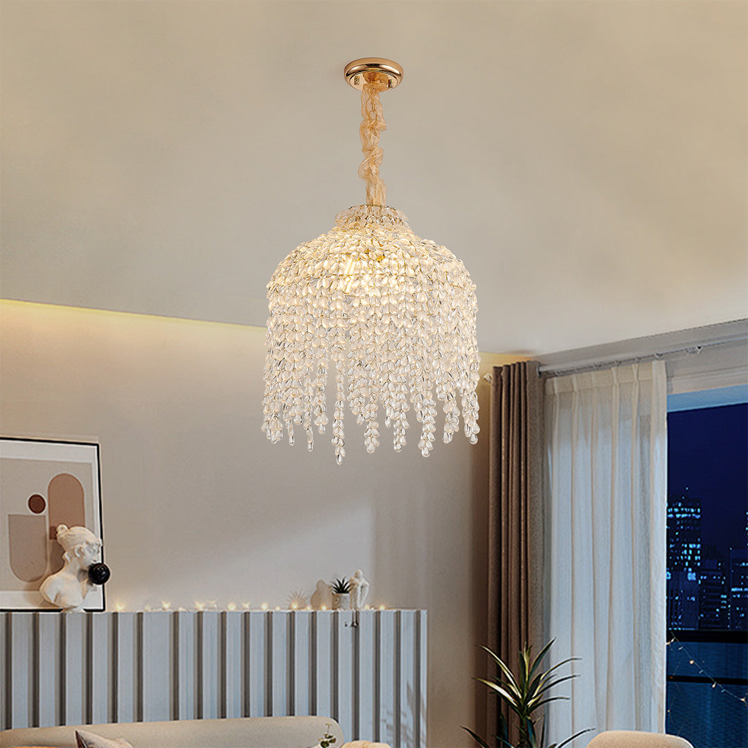 French Country Teardrop Crystal Chandelier — Gold Metal Frame, Adjustable 60" Chain, E12, Two Sizes