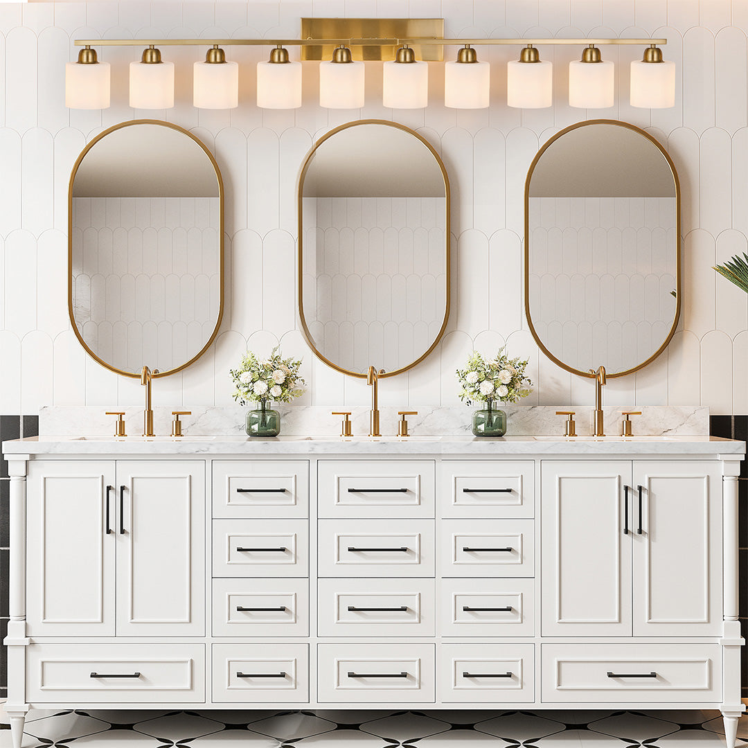Minimalist Bathroom Vanity Light — Creamy White Glass, Metal Frame, E26, 4/5/6/8/10-Light, Matte Black / Sand Nickel / Copper