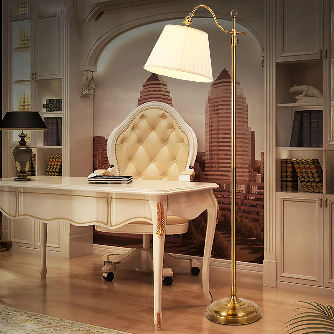 Vintage Style Adjustable Copper Floor Lamp with Fabric Shade and Arch Design Luxe