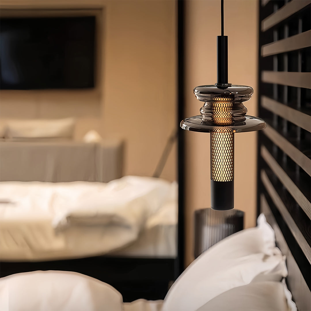 Geometric Mini Pendant — Black Iron and Aluminum, Hand-Blown Glass Shade, 7W LED, 3-Step Dimming, Dimmable, Remote Control