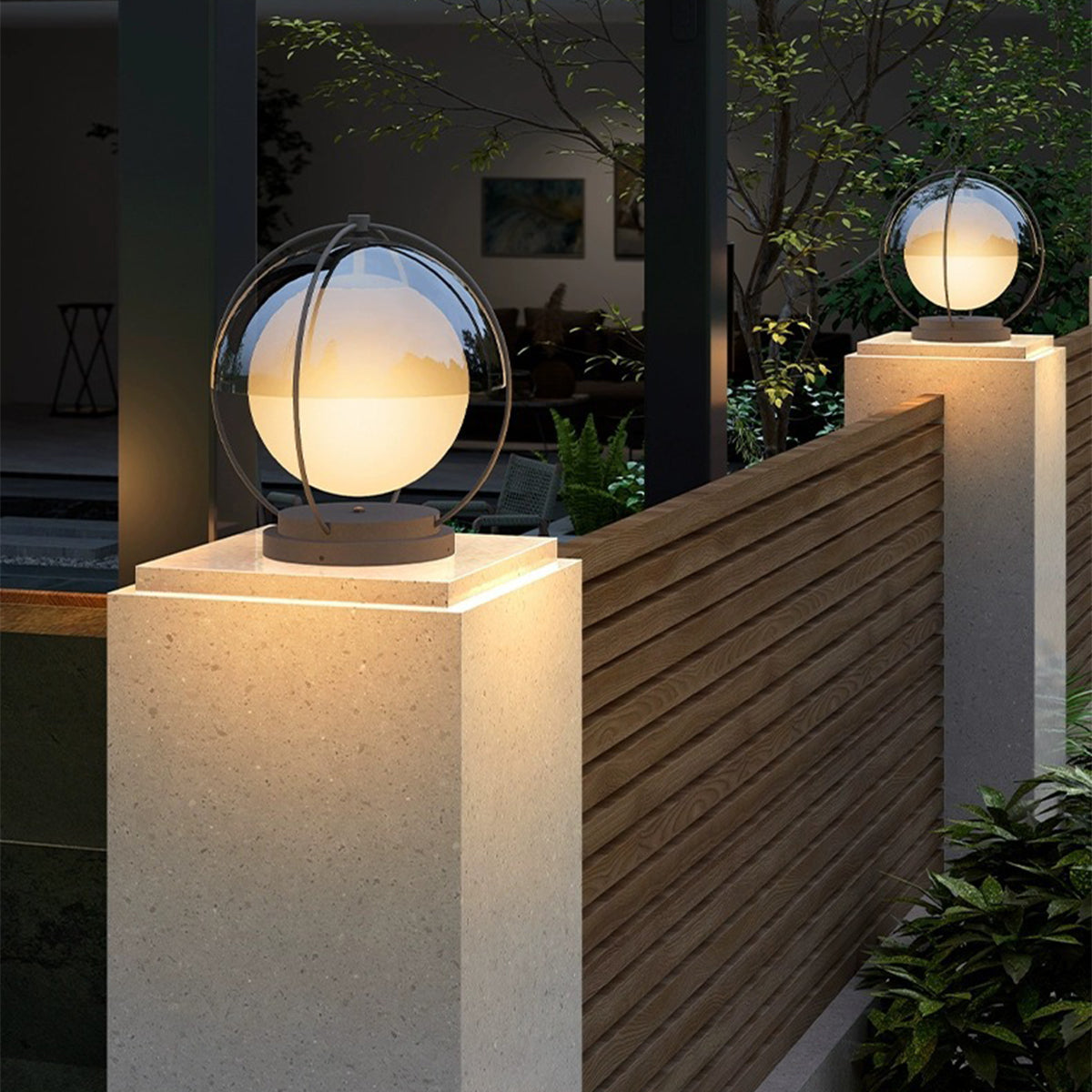 Modern Minimalist Globe Outdoor Pillar Light — Metal & PMMA, LED 3000K, Solar or Hardwired, Weatherproof
