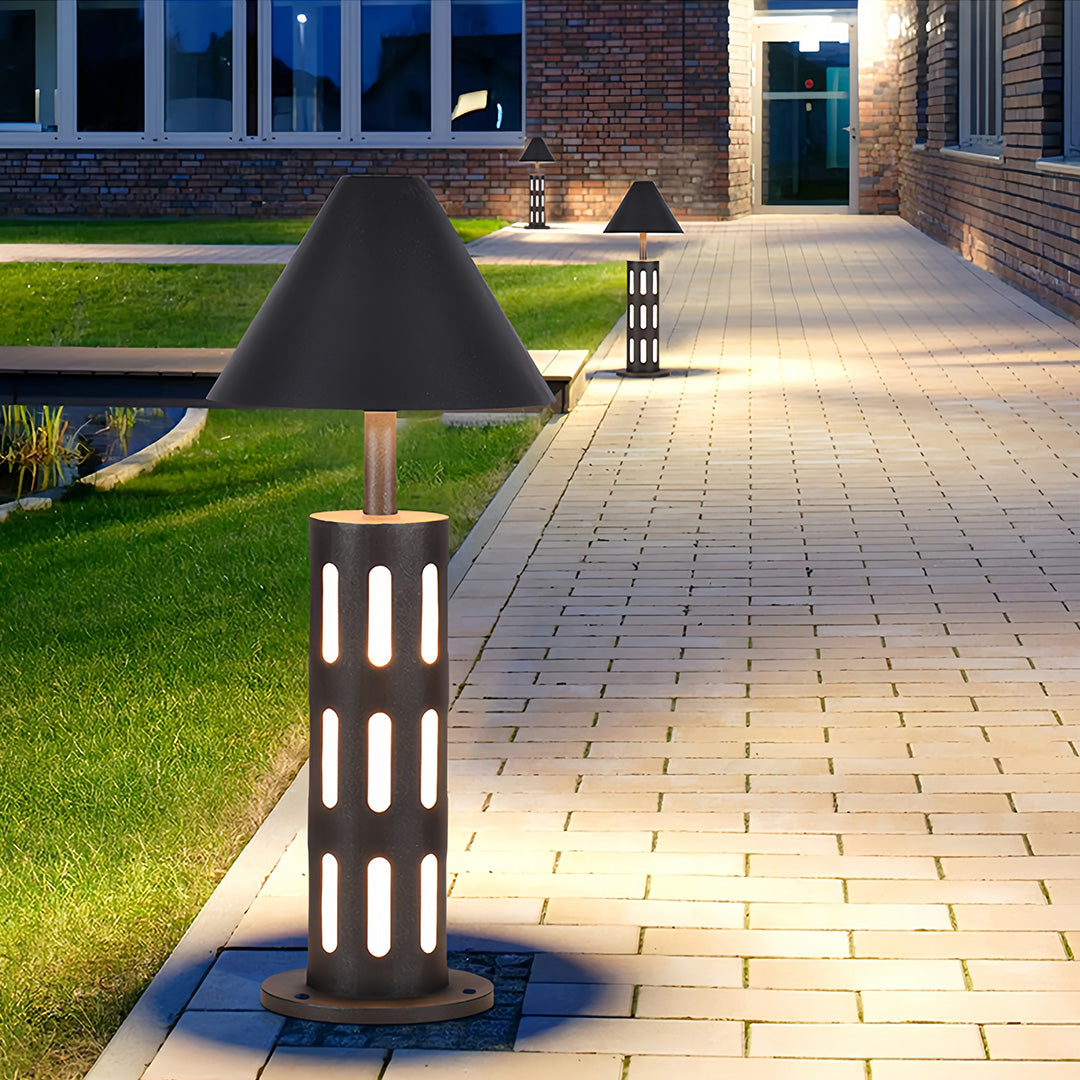 Industrial Perforated Cylindrical Bollard Path Light — Black Galvanized Steel, 10W LED, 3000K, IP65 Weatherproof