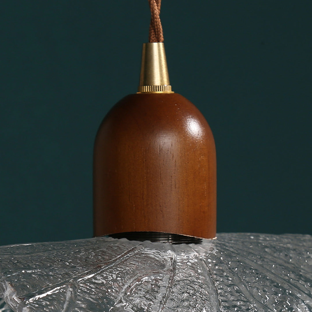 Lotus Leaf Mini Pendant — H65 Brass and Handcrafted Glass, Wood Accent, 1-Light, 3000K Warm, Hardwired