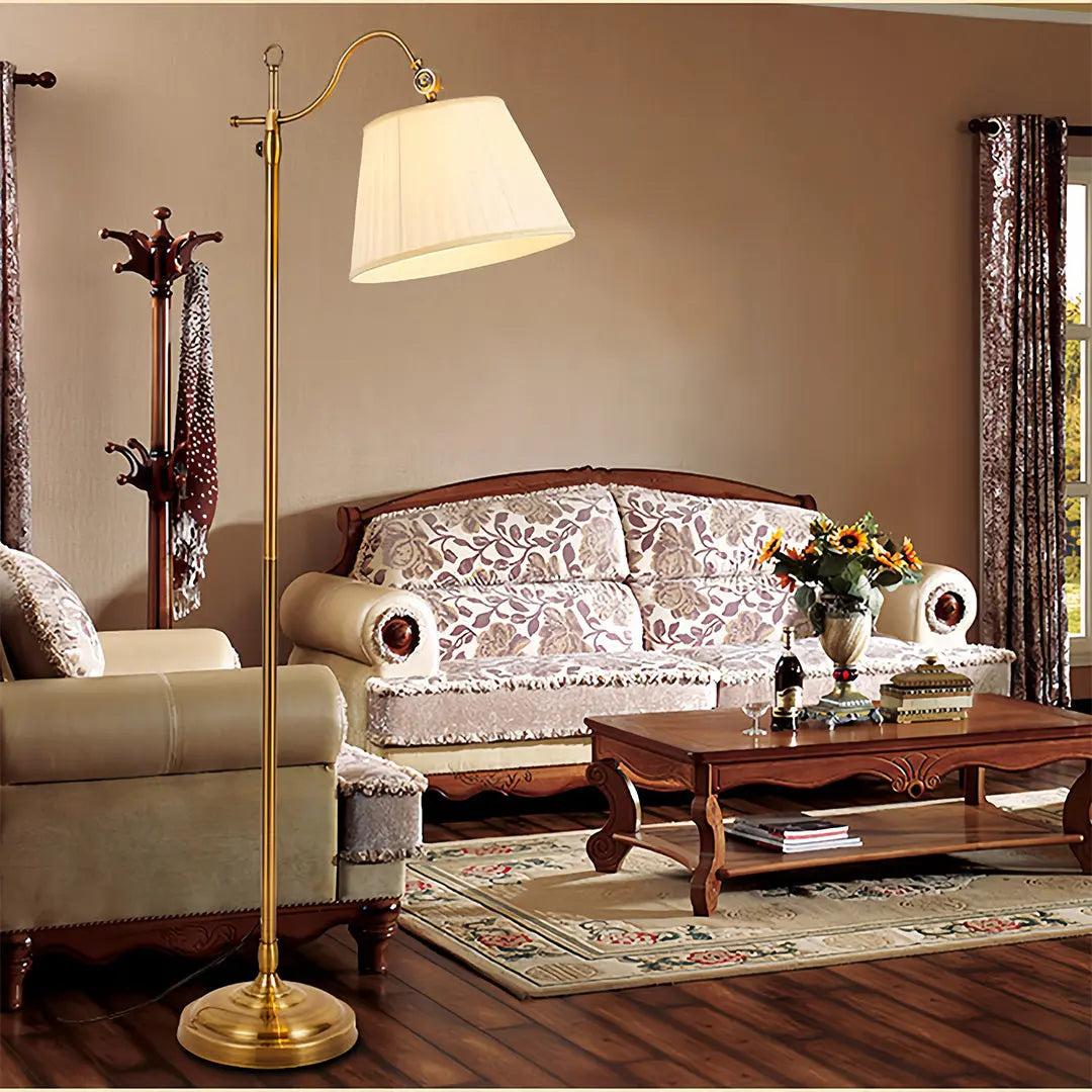 Vintage Style Adjustable Copper Floor Lamp with Fabric Shade and Arch Design Luxe