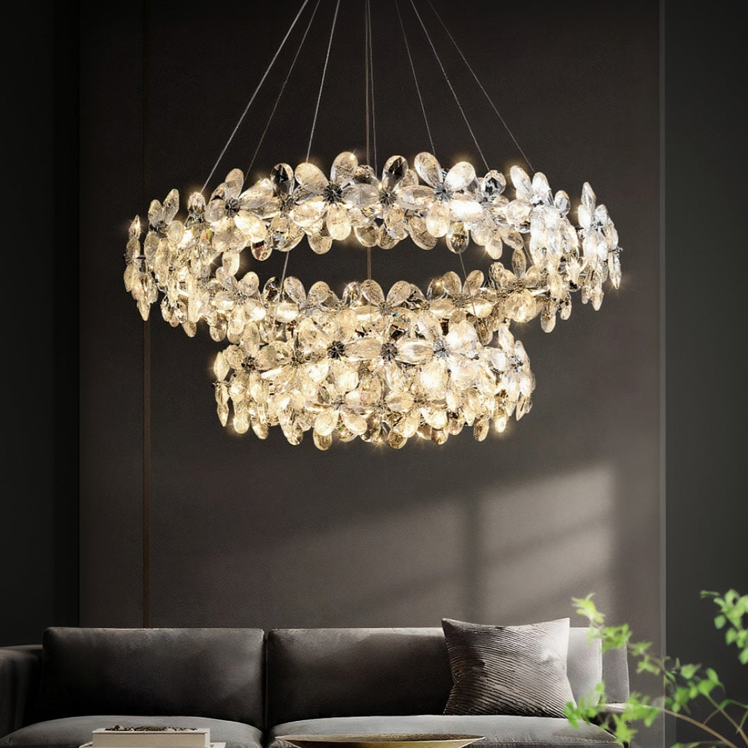 French Flower Crystal Chandelier — Mirror-Polished Metal, K9 Crystal, Stepless Dimming 3000K–6000K, Remote Control, Multiple Sizes