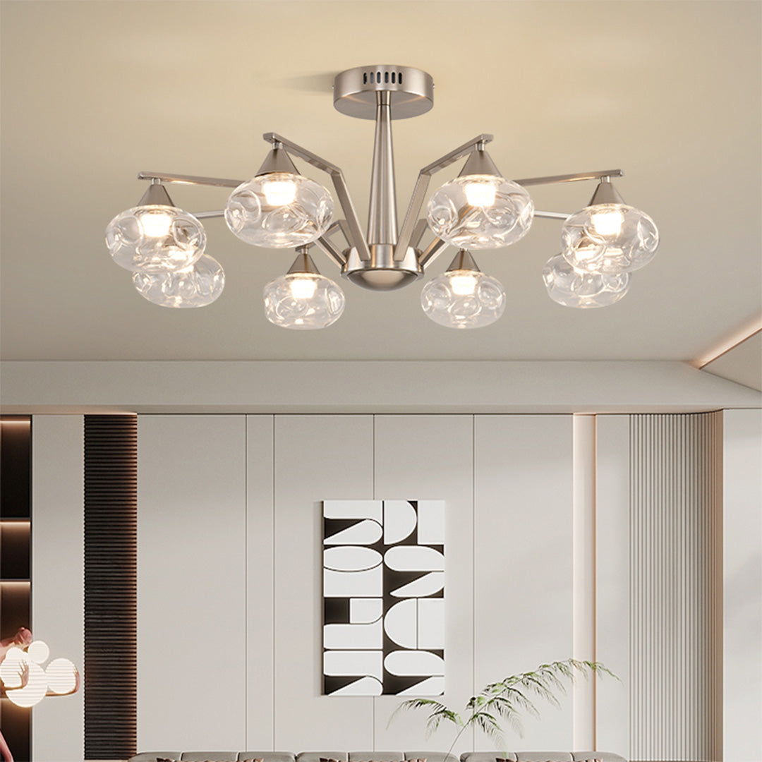 Sputnik Mid-Century Semi-Flush Mount — Sand Nickel Iron, Cognac Glass, 6- or 8-Light, Three-Color Dimming