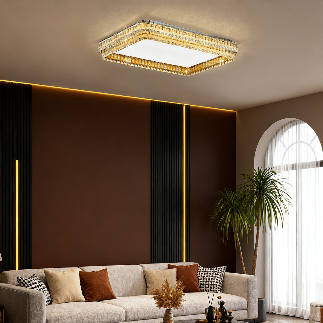 Modern Crystal Flush-Mount Ceiling Light — Chrome Stainless Steel, LED, 3-Step Dimming, Round / Square / Rectangle