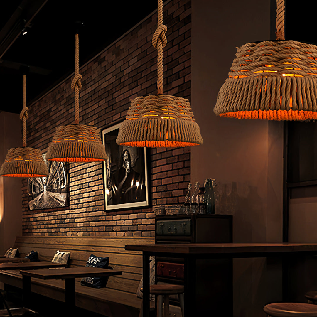 Vintage Industrial Hemp Rope Pendant Light — Iron, Bell-Shaped, E27, 4W, Adjustable 50cm Cord
