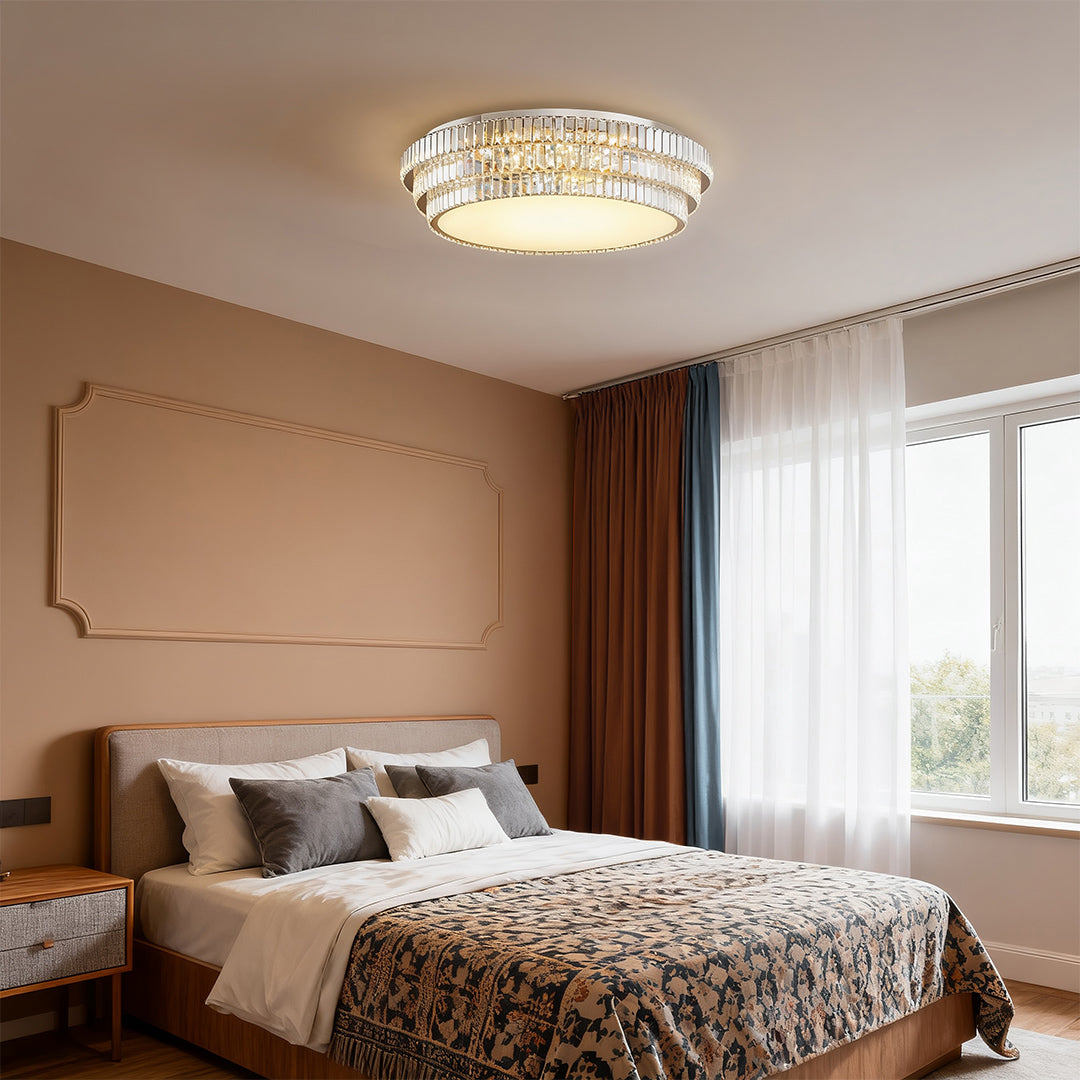 Crystal LED Flush-Mount Light — Chrome Steel, Full-Spectrum Eye-Protection, 3-Color Dimming, Round or Rectangular