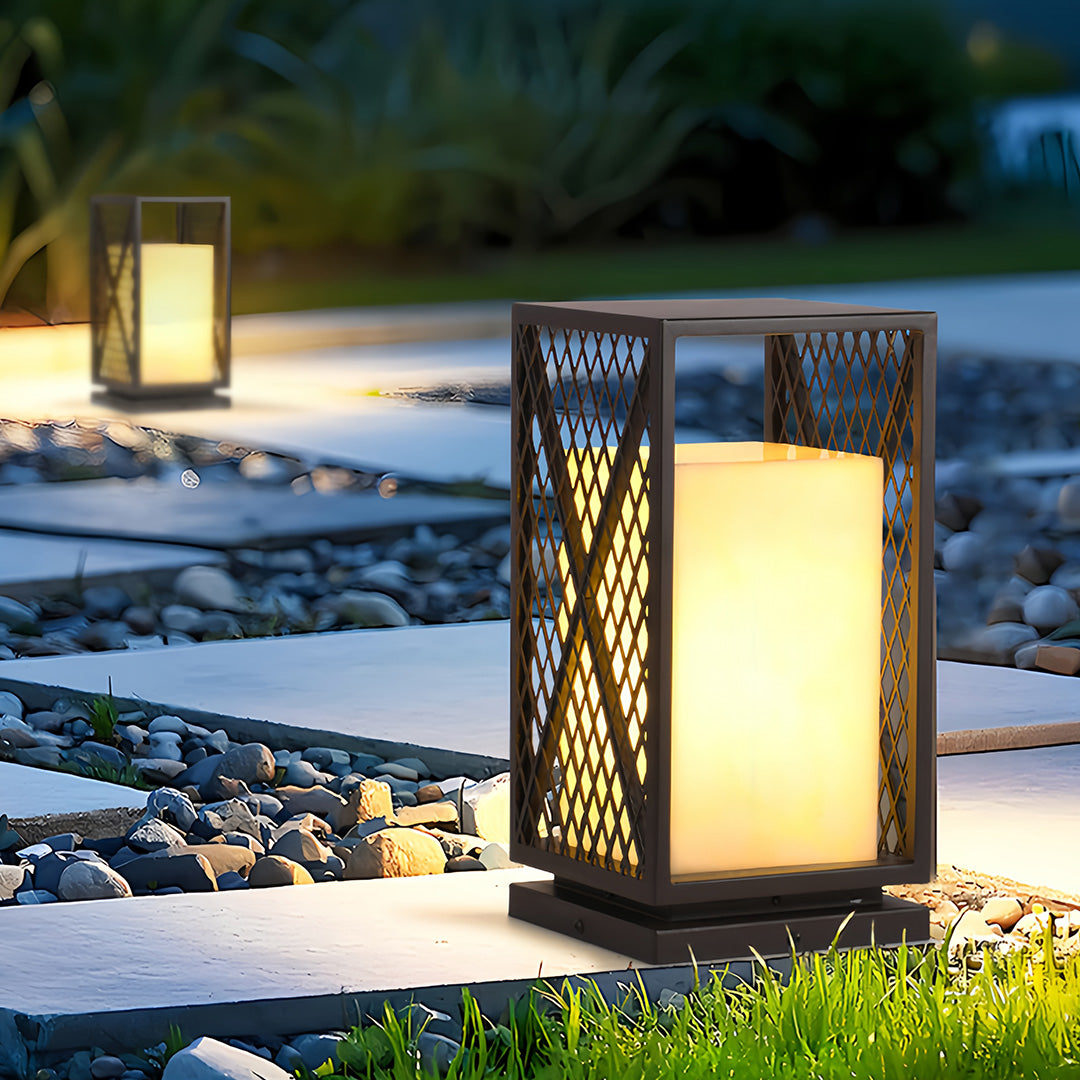 Square Outdoor Bollard Lantern — Galvanized Steel, Marble-Texture Shade, 10W LED 3000K, IP65