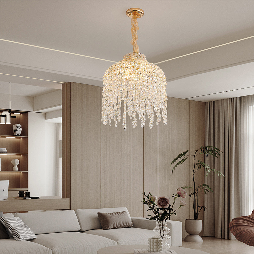 French Country Teardrop Crystal Chandelier — Gold Metal Frame, Adjustable 60" Chain, E12, Two Sizes