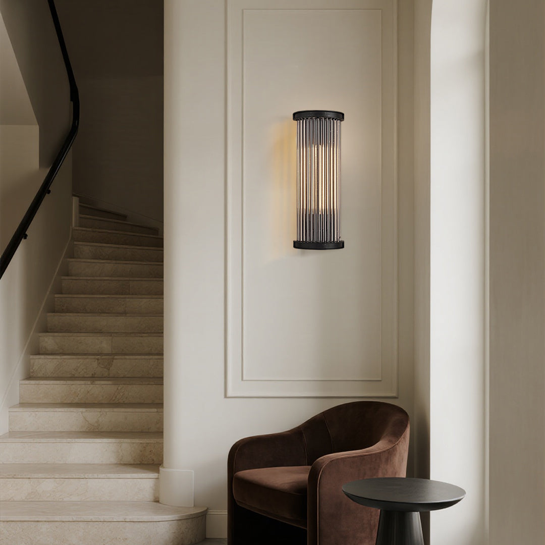 Vintage Semi-Circular Glass Rod Wall Sconce — Black Iron, LED 3000K, 1-Light