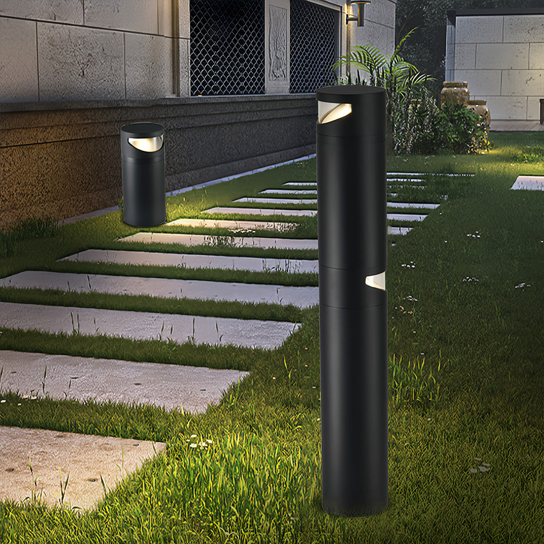 Cylindrical Outdoor Bollard Pathway Light — Black Metal, Clear Glass, LED, 10W / 20W Dual-Head, IP65, 3000K Warm White