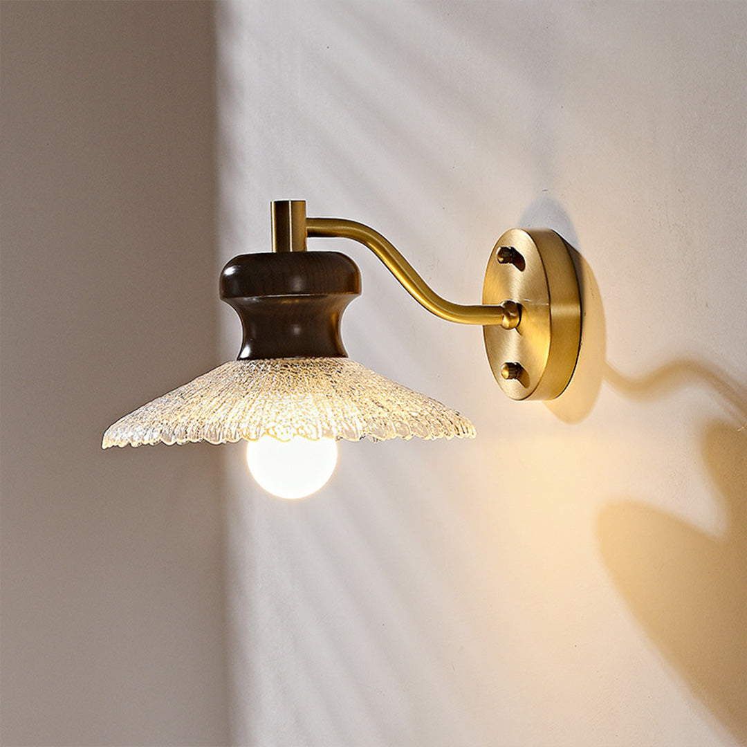 Retro Brass and Wax Wood Wall Sconce — Blown Glass Shade, E27, 6W Warm White, Hardwired