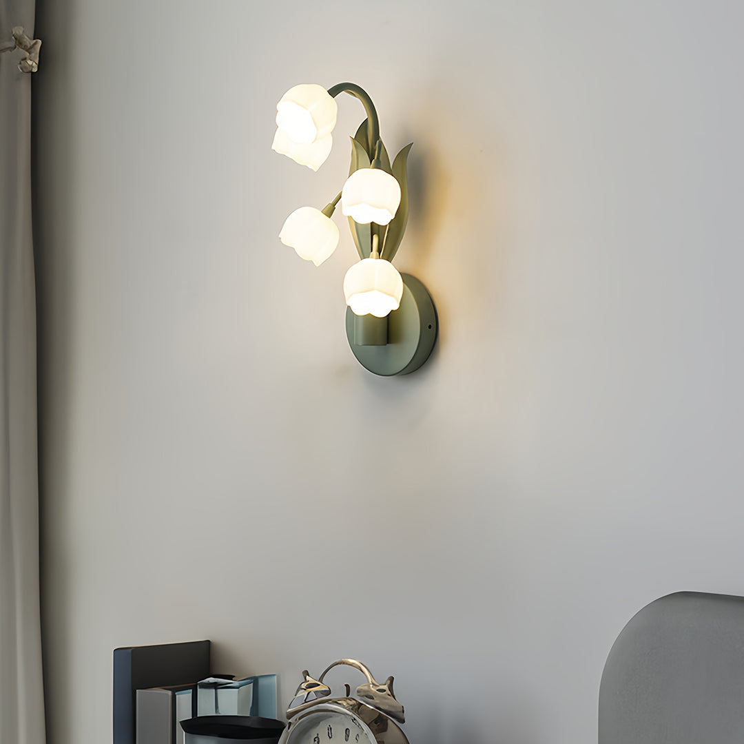 Bellflower Floral Wall Sconce — Green Iron, Clear Glass, 5-Light G4, Three-Step Dimming (3000K/4500K/6000K)