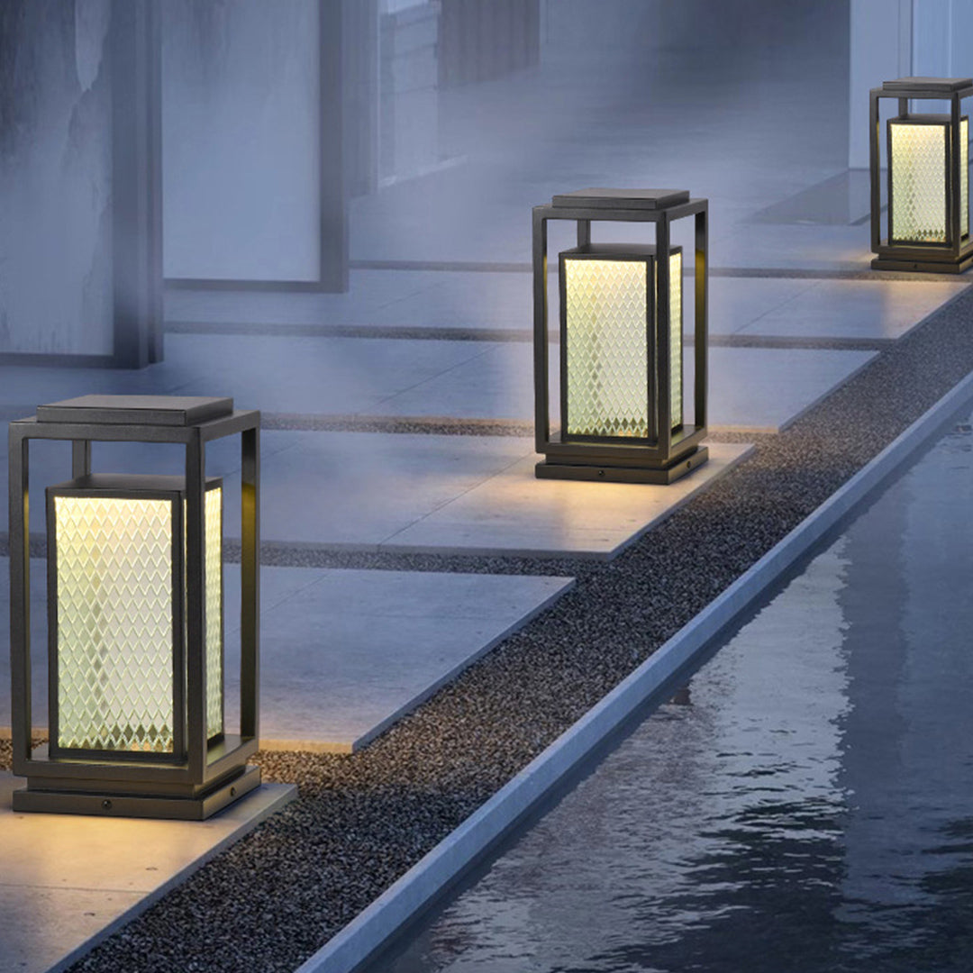 Industrial Square Glass Lantern Bollard — Black, Galvanized Steel, IP65, LED, Hardwired or Solar, 3 Sizes