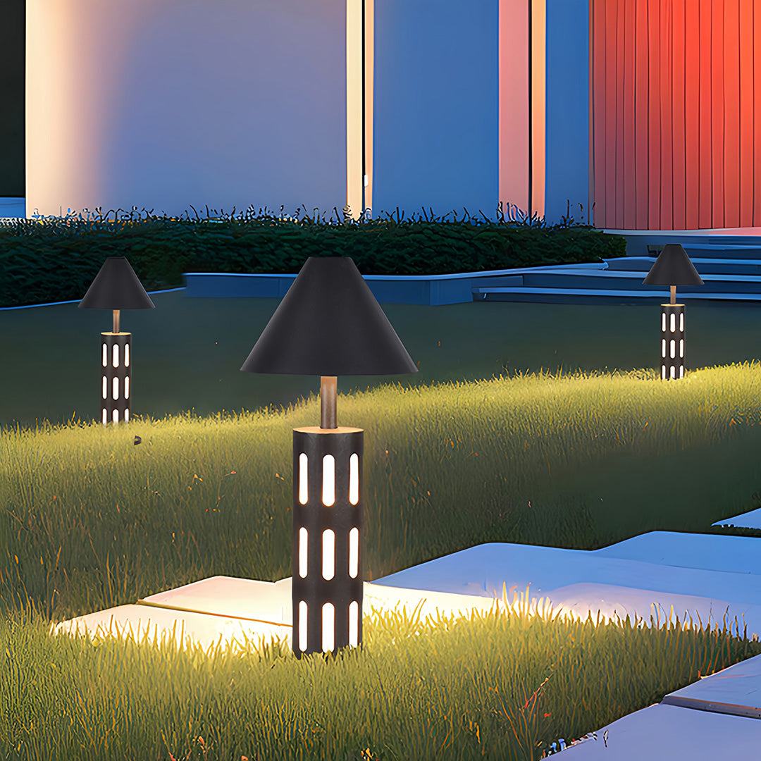 Industrial Perforated Cylindrical Bollard Path Light — Black Galvanized Steel, 10W LED, 3000K, IP65 Weatherproof