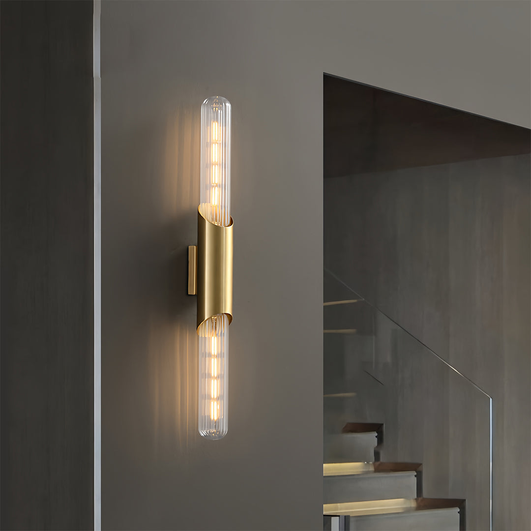Cylindrical Up/Down Wall Sconce — Full Brass, Transparent Glass Shade, E14, 5W, 3000K/4000K/6000K
