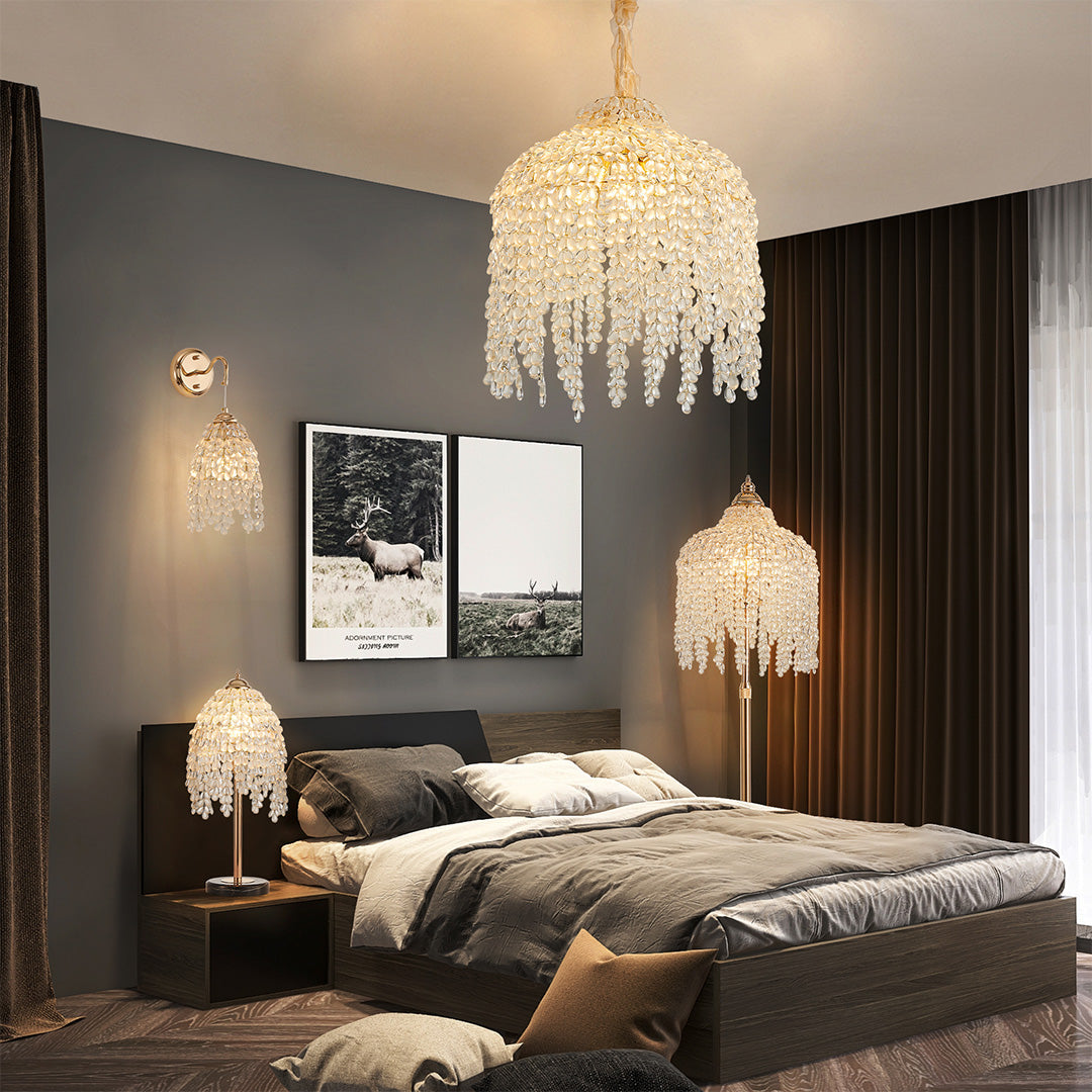 French Country Teardrop Crystal Chandelier — Gold Metal Frame, Adjustable 60" Chain, E12, Two Sizes