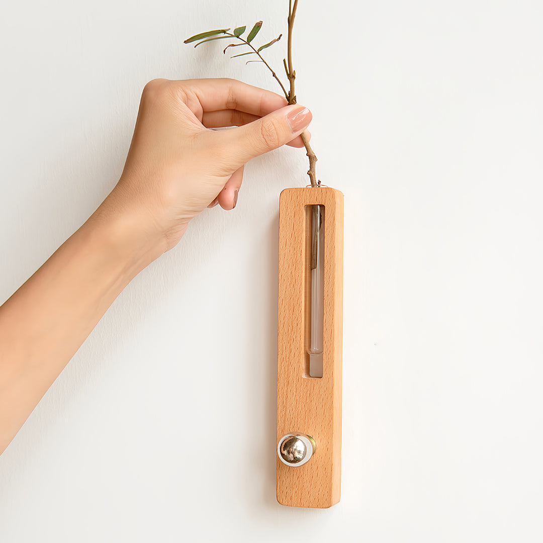 Minimalist Wood Wall Sconce with Glass Vase — Acrylic Diffuser, USB Rechargeable, Wireless Magnetic Mount