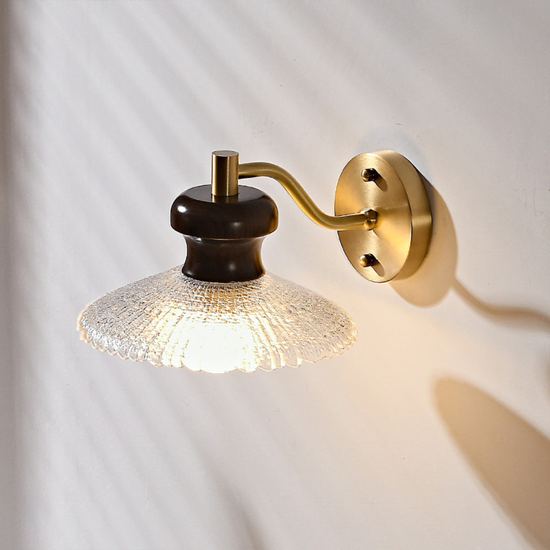 Retro Brass and Wax Wood Wall Sconce — Blown Glass Shade, E27, 6W Warm White, Hardwired