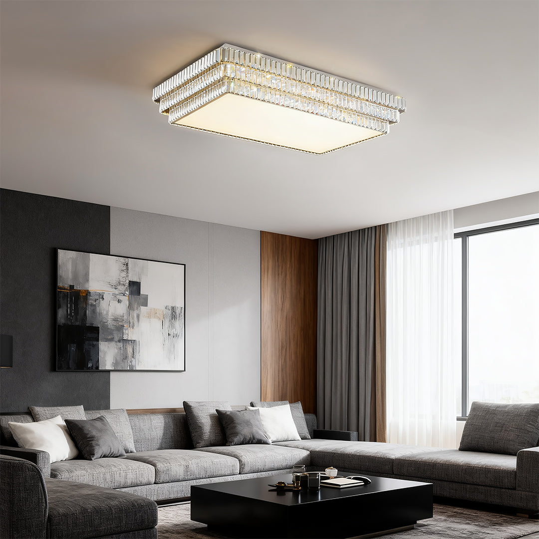 Crystal LED Flush-Mount Light — Chrome Steel, Full-Spectrum Eye-Protection, 3-Color Dimming, Round or Rectangular