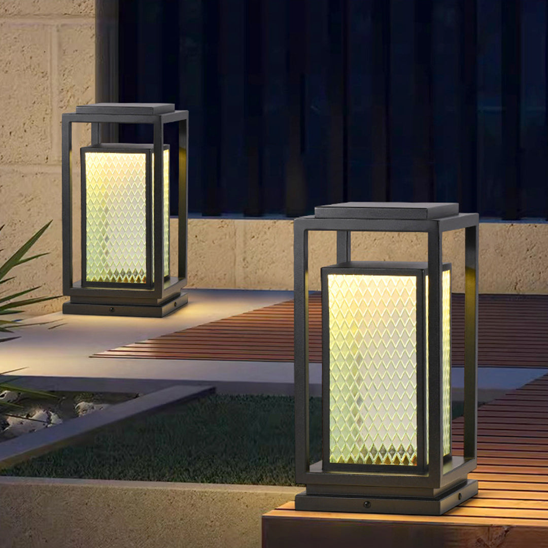 Industrial Square Glass Lantern Bollard — Black, Galvanized Steel, IP65, LED, Hardwired or Solar, 3 Sizes