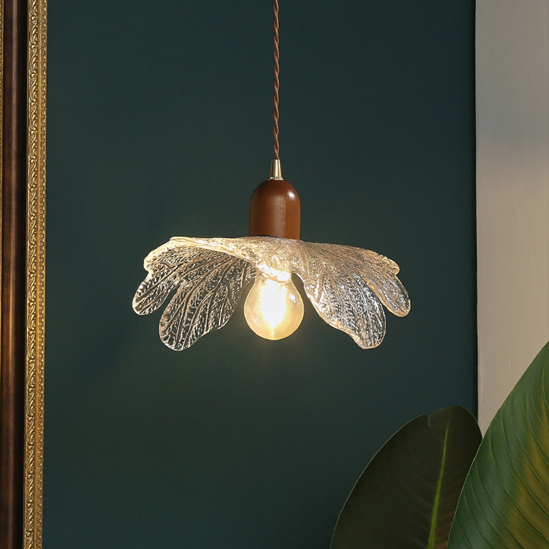 Lotus Leaf Mini Pendant — H65 Brass and Handcrafted Glass, Wood Accent, 1-Light, 3000K Warm, Hardwired