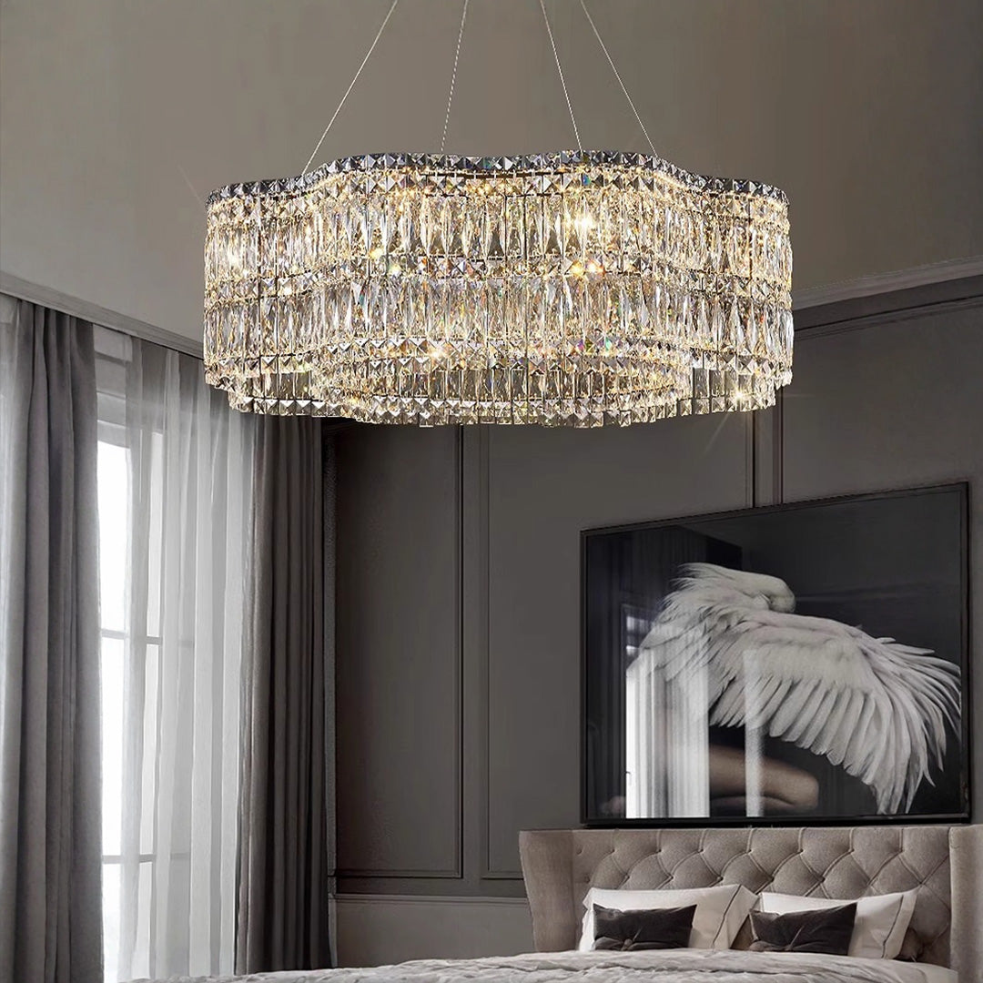 Large K9 Crystal Ring Chandelier — Stainless Steel, Gold or Silver, Stepless Dimming 3000K–6000K, Remote Control, 40W–118W