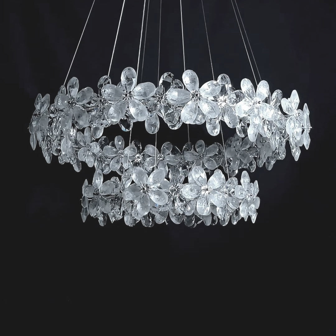 French Flower Crystal Chandelier — Mirror-Polished Metal, K9 Crystal, Stepless Dimming 3000K–6000K, Remote Control, Multiple Sizes