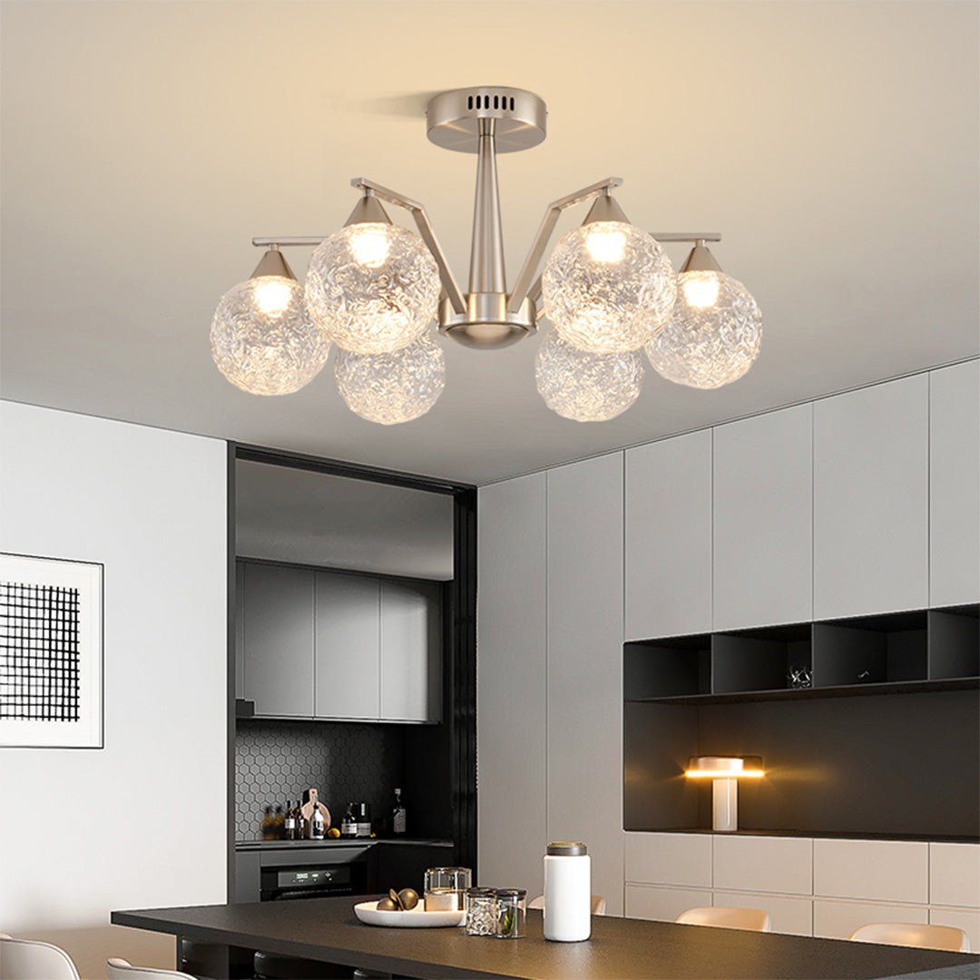 Sputnik Mid-Century Semi-Flush Mount — Sand Nickel Iron, Cognac Glass, 6- or 8-Light, Three-Color Dimming