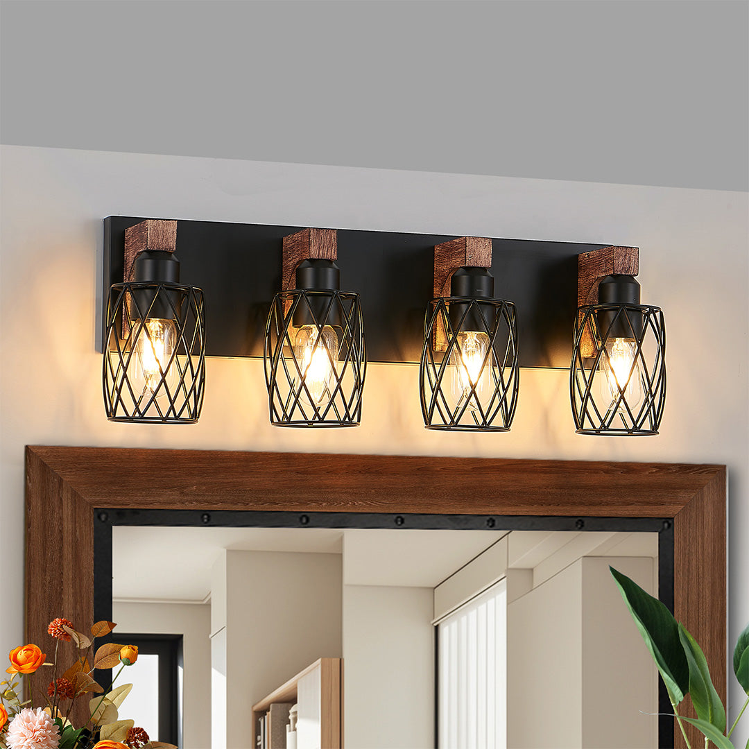 Metal Cage Bathroom Vanity Light — Black Finish, Walnut Wood, 3-to-7-Light, E26