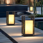 Square Outdoor Bollard Lantern — Galvanized Steel, Marble-Texture Shade, 10W LED 3000K, IP65