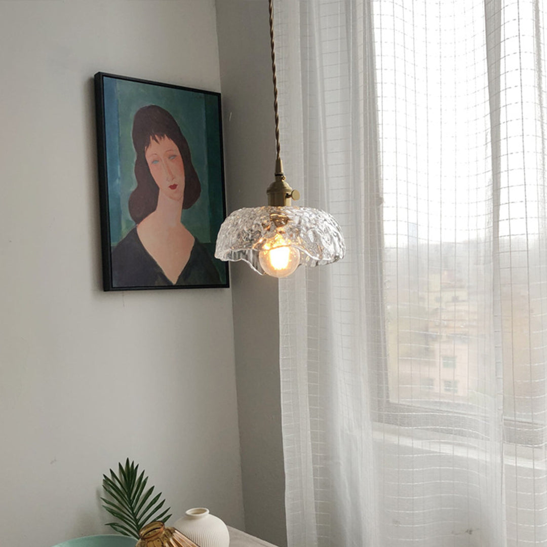 Hammered Glass Mini Pendant — Brass, E27, Adjustable 1.5m Cord, Transparent or Dark Green