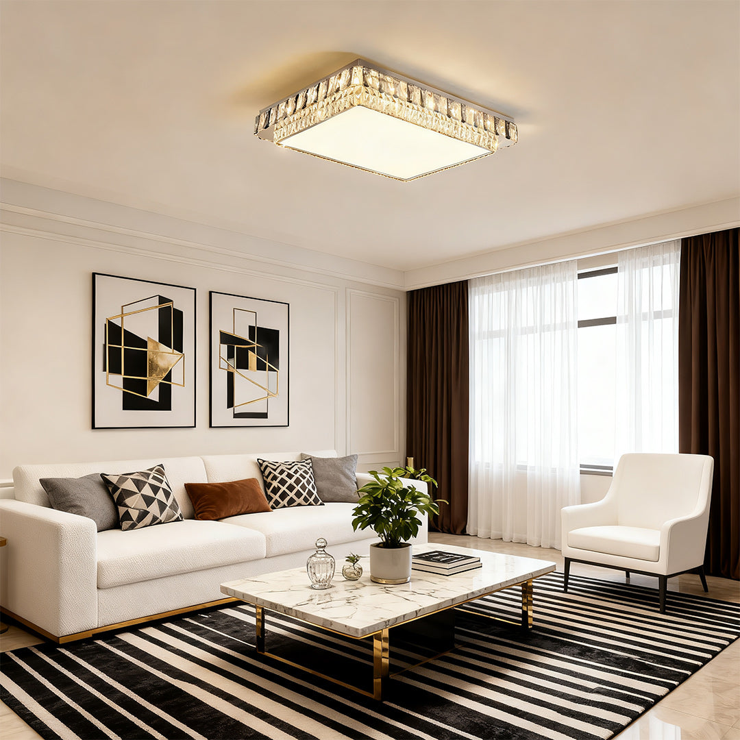 Crystal Flush-Mount LED Light — Stainless Steel, Round/Square/Rectangle, 3-Color Dimming, Chrome
