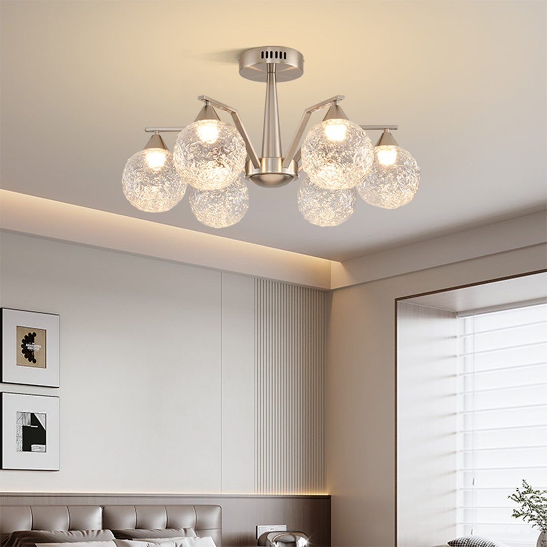 Sputnik Mid-Century Semi-Flush Mount — Sand Nickel Iron, Cognac Glass, 6- or 8-Light, Three-Color Dimming