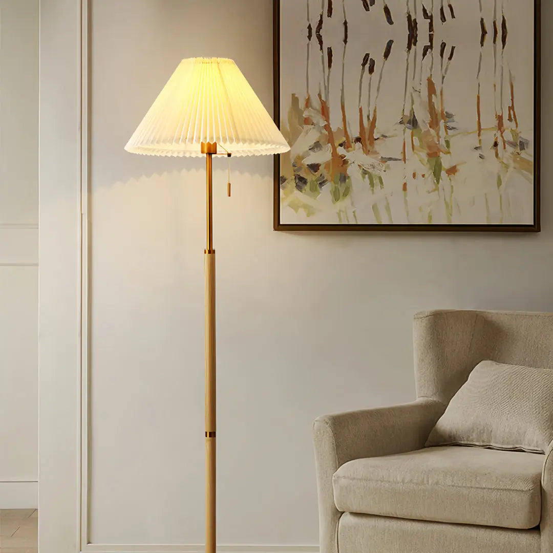Standing Lamp with Pleated Fabric Shade and Wooden Base Luxe