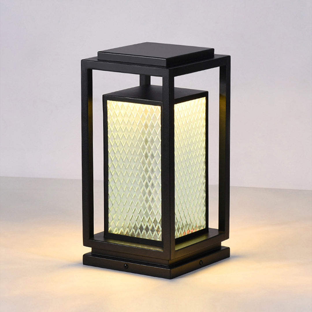 Industrial Square Glass Lantern Bollard — Black, Galvanized Steel, IP65, LED, Hardwired or Solar, 3 Sizes