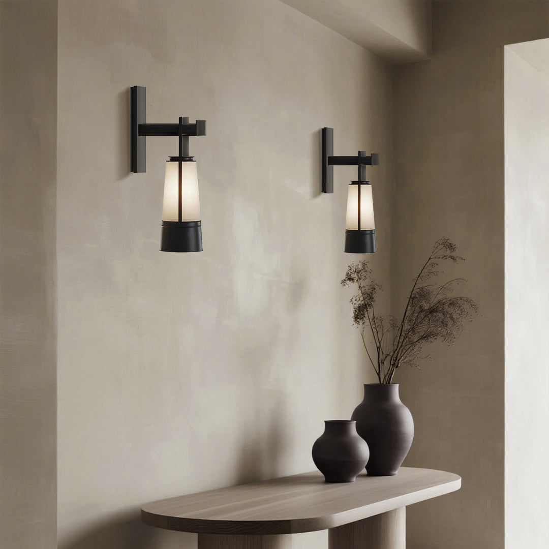 Modern Minimalist Wall Sconce — Black Iron, Glass Shade, 12W LED E27, 3000K Hardwired