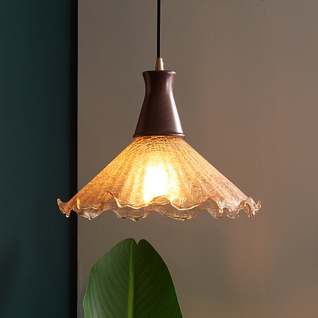 Vintage Brass Mini Pendant — H65 Brass, Cracked Glass, Walnut Wood, E27 LED, 3000K, 1-Light