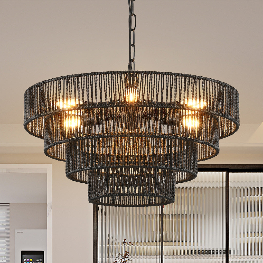 Zen Jute-Rope Chandelier — Iron Frame, Hand-Woven Natural Jute, 6-Light or 8-Light, E12, 59.1" Adjustable Chain
