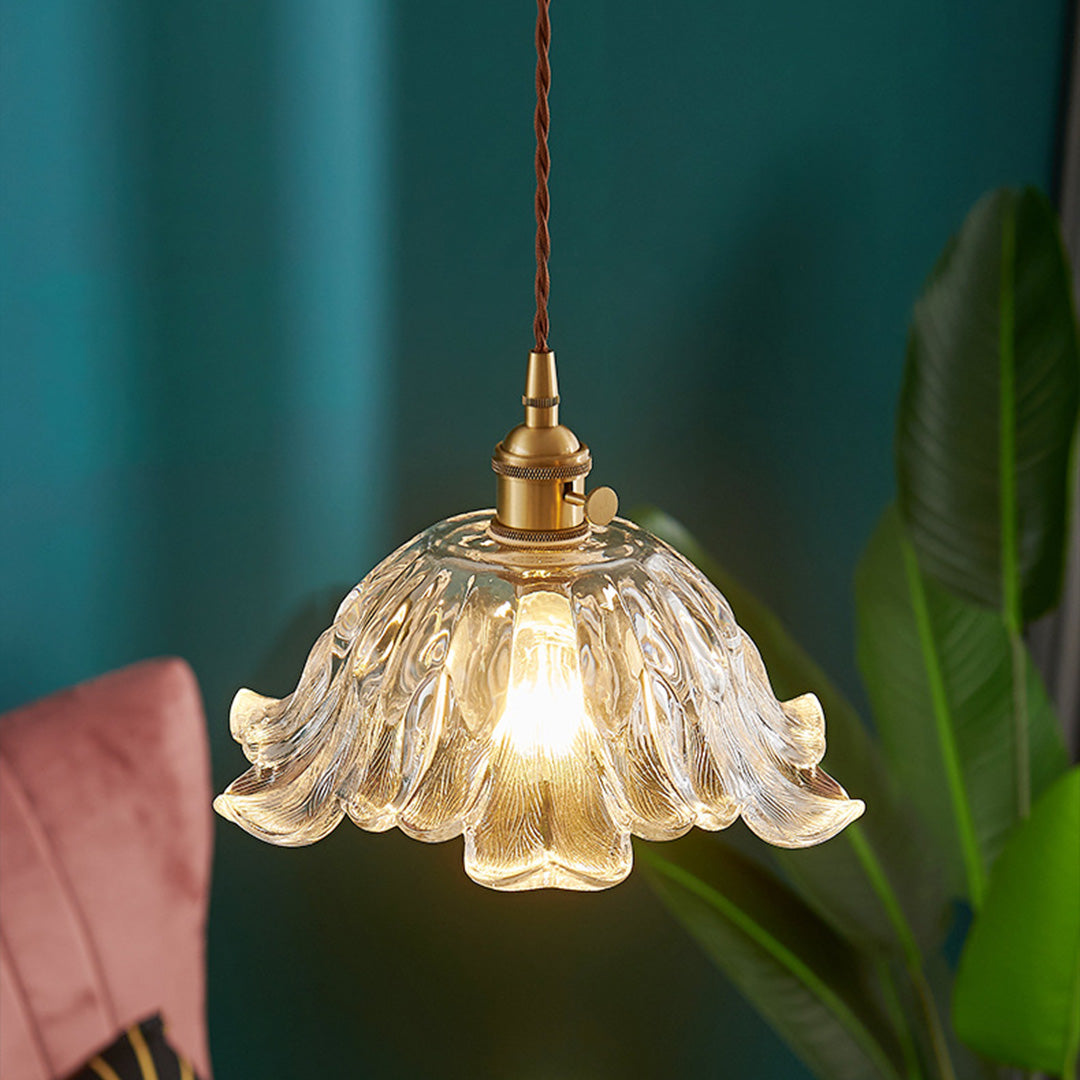 Floral Glass Mini Pendant — Brushed Brass, 1-Light, 6W, Available in Three Sizes
