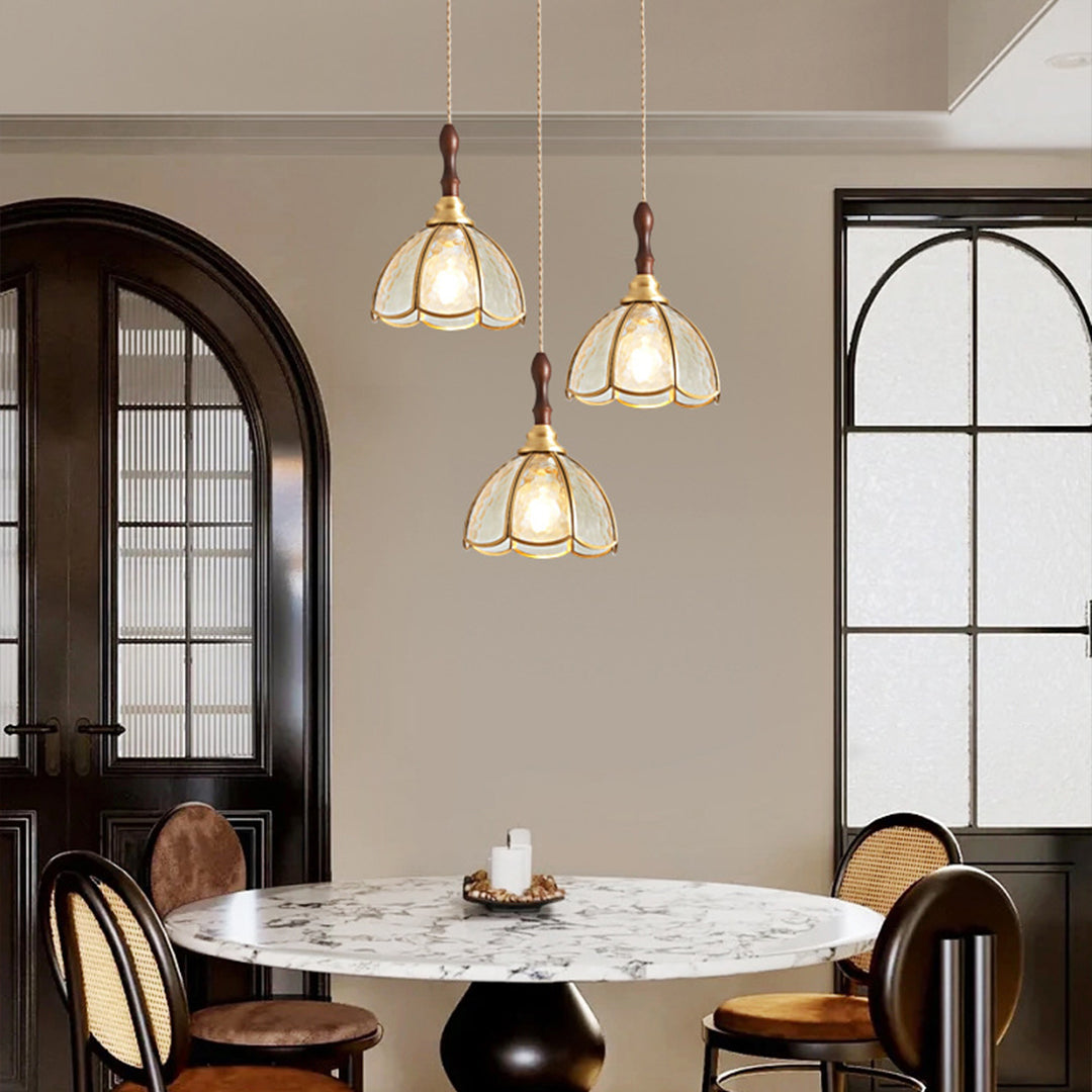 Water Ripple Glass Pendant Light — Full Copper, LED E27, 3-Step Dimming, 1- or 3-Light