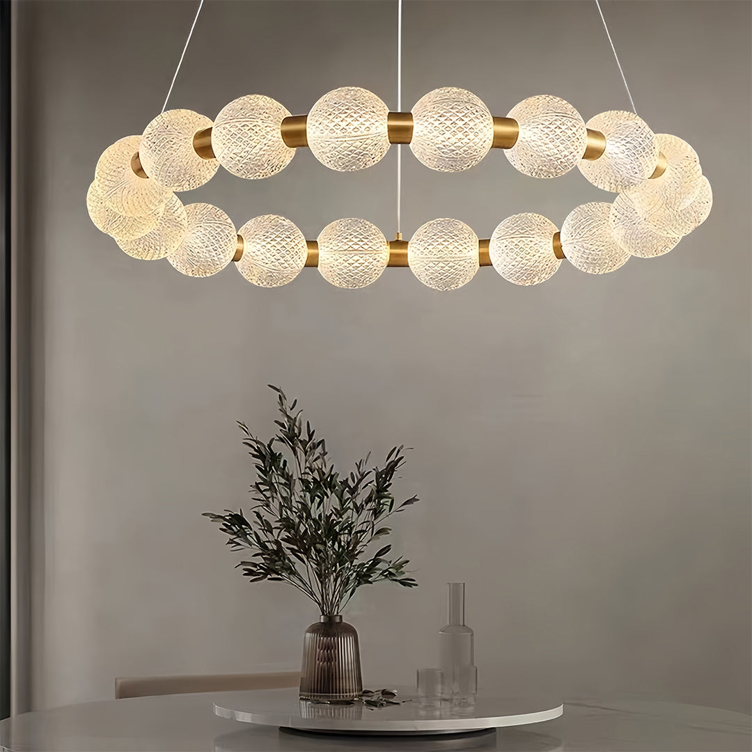 Round Glass Shade Island Chandelier — Gold Metal, Three-Step Dimming, 60cm / 80cm / Combination
