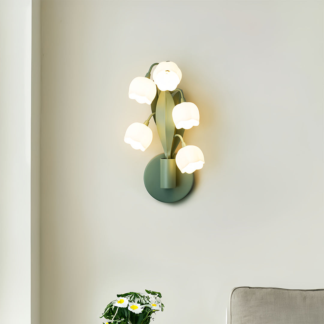Bellflower Floral Wall Sconce — Green Iron, Clear Glass, 5-Light G4, Three-Step Dimming (3000K/4500K/6000K)