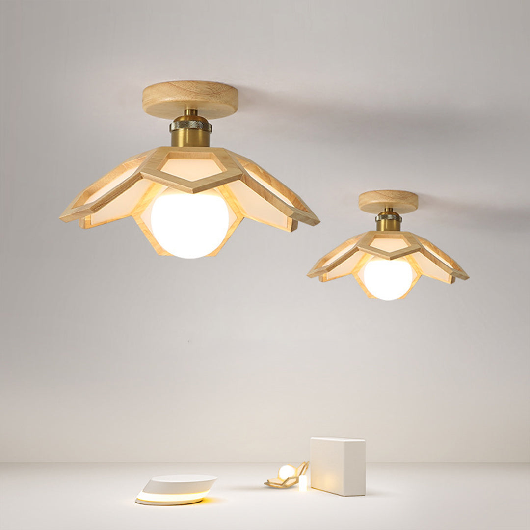 Lotus Semi-Flush Mount — Oak Wood, LED E27, 3-Step Dimming (3000K/4000K/6000K), 11"
