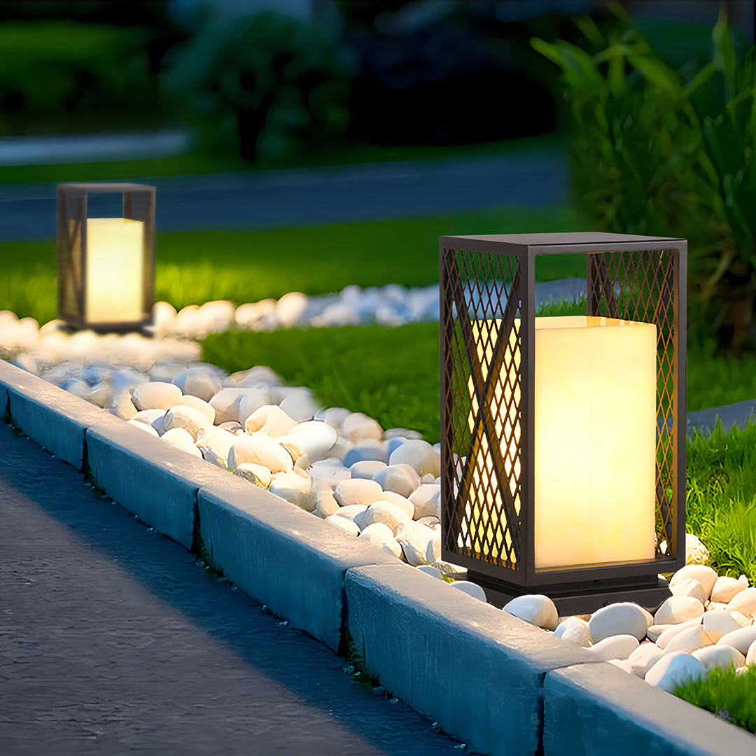 Square Outdoor Bollard Lantern — Galvanized Steel, Marble-Texture Shade, 10W LED 3000K, IP65